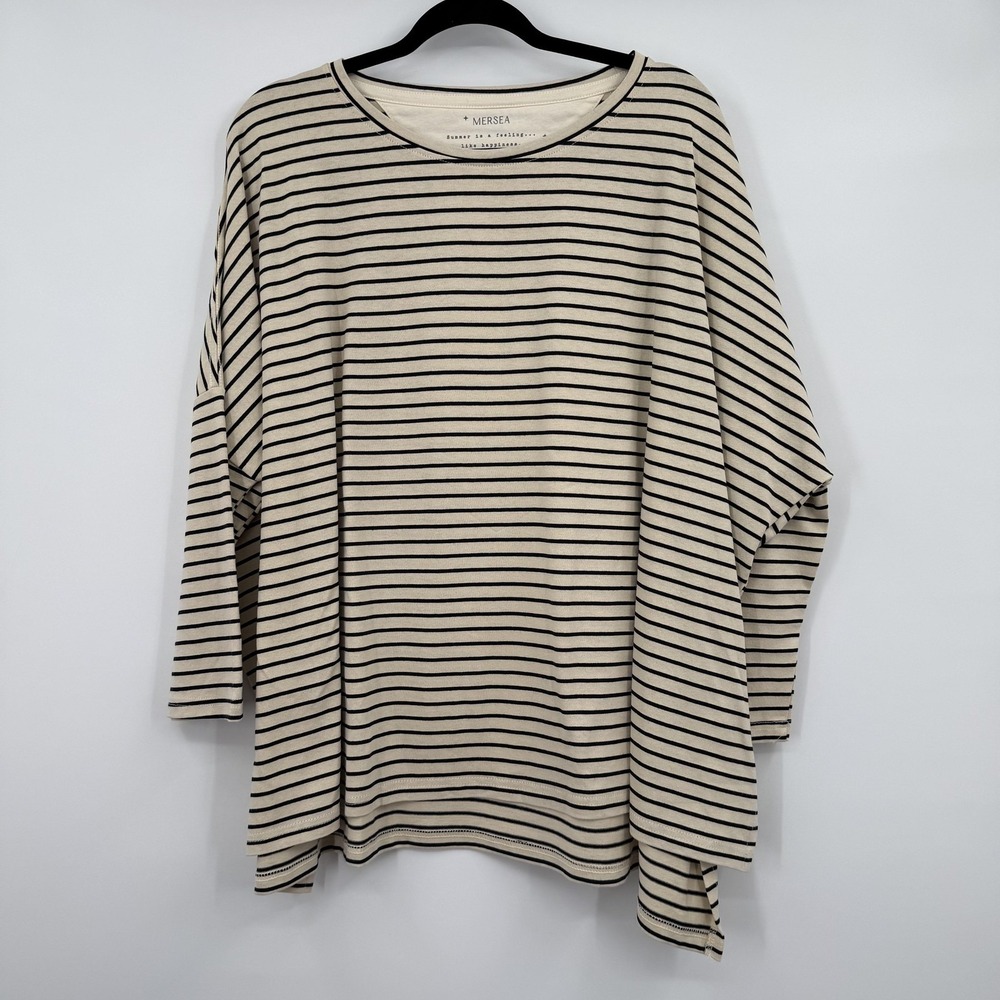 MERSEA Tunic Shirt Womens One Size Beige Black Stripe Dolman 3/4 Sleeve Casual‎